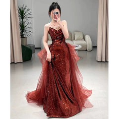 Sexy Mermaid Sweetheart Burgundy Floor Length Evening Dress Sequin Prom Dresses