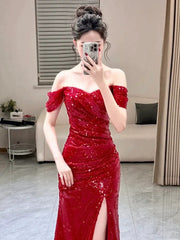 Sexy Mermaid Sweetheart Red Off The Shoulder Sequin Slit Floor Length Evening Dress Prom Dresses