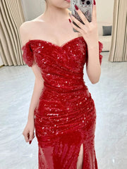 Sexy Mermaid Sweetheart Red Off The Shoulder Sequin Slit Floor Length Evening Dress Prom Dresses