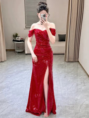 Sexy Mermaid Sweetheart Red Off The Shoulder Sequin Slit Floor Length Evening Dress Prom Dresses