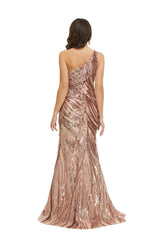 Wedding Pictures, Rose Gold One Shoulder with Side Slit Prom Dresses