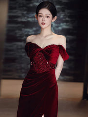 Sexy Sheath Off The Shoulder Burgundy Velvet Floor Length Evening Dress Prom Dresses