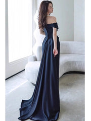 Sexy Sheath Off The Shoulder Navy Blue Satin Floor Length Evening Dress Prom Dresses