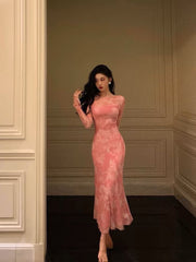 Sexy Sheath Pink Floral Long Sleeves Prom Dresses Birthday Outfits