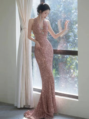 Sexy Sheath V Neckline Sequin Rose Pink Floor Length Evening Dress Prom Dresses