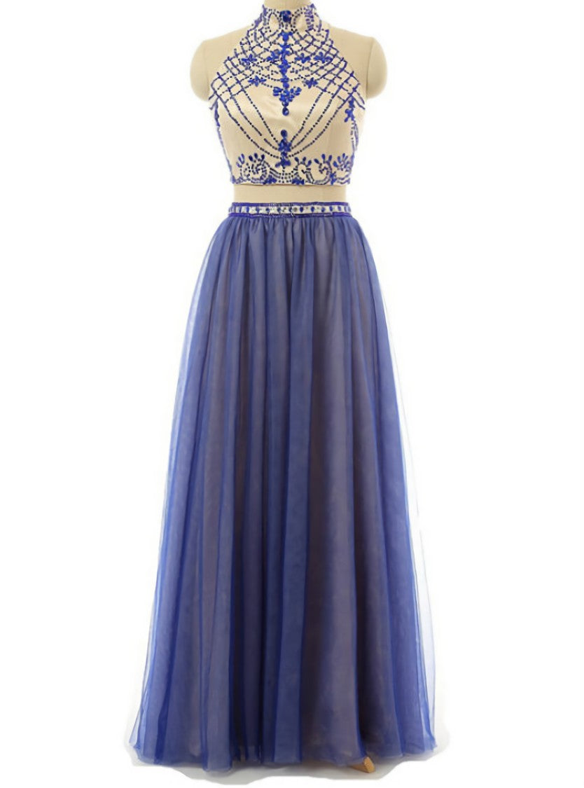 Sexy Two Piece Prom/Evening Dress Royal Blue Tulle Floor-Length Backless Beaded Party Dress