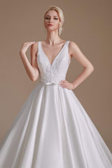 Wedding Dresses Colors, V Neck Sleeveless Satin Handmade Back Wedding Dresses