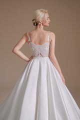 Wedding Dresses Color, V Neck Sleeveless Satin Handmade Back Wedding Dresses