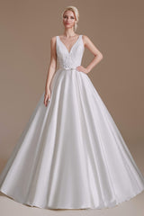 Wedding Dresses Colorful, V Neck Sleeveless Satin Handmade Back Wedding Dresses