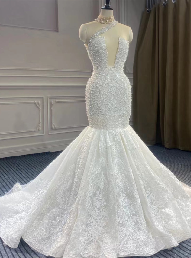 Sexy White Mermaid Lace Pearls Wedding Dress With Detachable Train