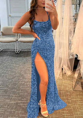 Homecoming Dresses Sweetheart, Sheath/Column Bateau Spaghetti Straps Long/Floor-Length Velvet Sequins Prom Dress With Split