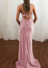 Party Dress Party, Sheath/Column Cowl Neck Spaghetti Straps Sweep Train Satin Prom Dress