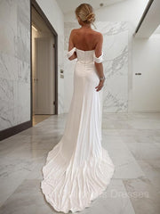 Wedding Dresse Beach, Sheath/Column Off-the-Shoulder Chapel Train Charmeuse Wedding Dresses With Leg Slit