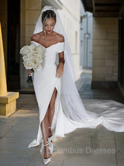 Wedding Dress Inspiration, Sheath/Column Off-the-Shoulder Chapel Train Charmeuse Wedding Dresses With Leg Slit