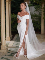 Wedding Dress With Sleeves, Sheath/Column Off-the-Shoulder Chapel Train Charmeuse Wedding Dresses With Leg Slit