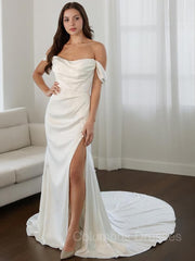 Wedding Dress Open Back, Sheath/Column Off-the-Shoulder Court Train Charmeuse Wedding Dresses With Leg Slit