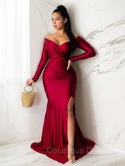 Formal Dresses Near Me, Sheath/Column Off-the-Shoulder Sweep Train Jersey Evening Dresses With Leg Slit