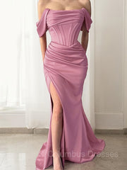 Bridesmaids Dress Blush, Sheath/Column Off-the-Shoulder Sweep Train Silk like Satin Prom Dresses With Leg Slit