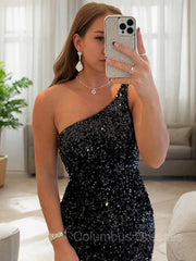 Prom Dress 2043, Sheath/Column One-Shoulder Short/Mini Velvet Sequins Homecoming Dresses