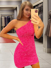 Formal Dresses Cheap, Sheath/Column One-Shoulder Short/Mini Velvet Sequins Homecoming Dresses