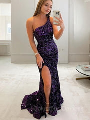 Winter Formal Dress, Sheath/Column One-Shoulder Sweep Train Velvet Sequins Evening Dresses With Leg Slit