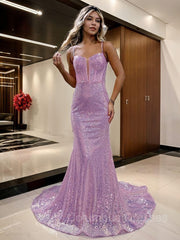 Evening Dresses Sale, Sheath/Column Spaghetti Straps Court Train Sequins Prom Dresses