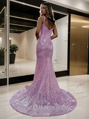 Evening Dress Sale, Sheath/Column Spaghetti Straps Court Train Sequins Prom Dresses