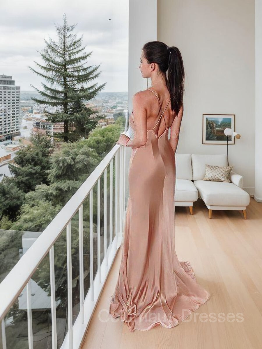 Party Dresses Near Me, Sheath/Column Spaghetti Straps Floor-Length Silk like Satin Evening Dresses With Leg Slit