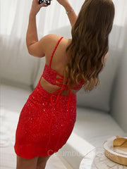 Prom Dresses Cute, Sheath/Column Spaghetti Straps Short/Mini Homecoming Dresses With Leg Slit