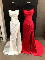 Formal Dresses Cocktail, Sheath/Column Spaghetti Straps Sweep Train Elastic Woven Satin Prom Dresses With Leg Slit