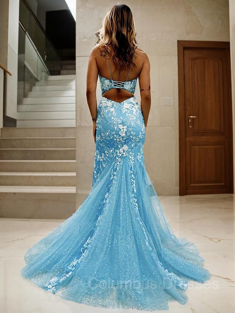 Prom Dress Long Sleeved, Sheath/Column Spaghetti Straps Sweep Train Lace Prom Dresses With Leg Slit