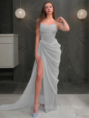 Evening Dress For Party, Sheath/Column Spaghetti Straps Sweep Train Organza Prom Dresses With Leg Slit