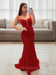 Prom Dresses Long Sleeves, Sheath/Column Spaghetti Straps Sweep Train Prom Dresses