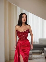 Formal Dress Boutiques Near Me, Sheath/Column Strapless Sweep Train Elastic Woven Satin Evening Dresses With Leg Slit