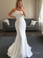 Wedding Dress Inspo, Sheath/Column Strapless Sweep Train Stretch Crepe Wedding Dresses