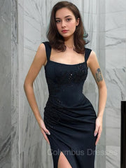 Formal Dress For Wedding, Sheath/Column Straps Floor-Length Satin Evening Dresses With Leg Slit