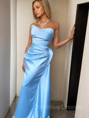 Graduation Outfit, Sheath/Column Sweetheart Sweep Train Satin Prom Dresses With Ruffles