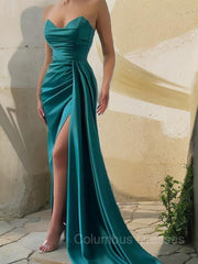 Prom Dresses With Slit, Sheath/Column Sweetheart Sweep Train Silk like Satin Prom Dresses With Leg Slit