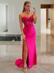 Prom Dresses Bodycon, Sheath/Column Sweetheart Sweep Train Stretch Crepe Prom Dresses With Leg Slit