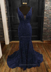 Evening Dresses V Neck, Sheath/Column Trumpet/Mermaid V Neck Sleeveless Velvet Sequins Sweep Train Prom Dress