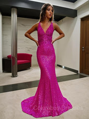 Evening Dress Boutique, Sheath/Column V-neck Court Train Sequins Prom Dresses