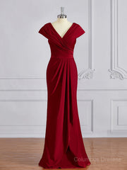 Bridesmaid Dresses Fall Wedding, Sheath/Column V-neck Floor-Length Jersey Mother of the Bride Dresses With Ruffles