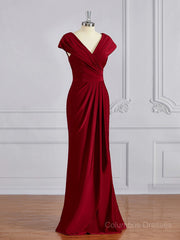 Bridesmaids Dresses Fall Wedding, Sheath/Column V-neck Floor-Length Jersey Mother of the Bride Dresses With Ruffles