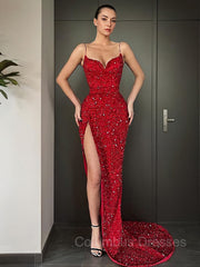 Prom Dress Princess Style, Sheath/Column V-neck Sweep Train Evening Dresses With Leg Slit