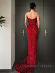 Prom Dresses With Sleeve, Sheath/Column V-neck Sweep Train Evening Dresses With Leg Slit