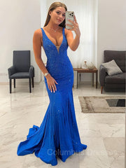 Long Dress Design, Sheath/Column V-neck Sweep Train Jersey Prom Dresses