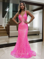 Prom Dresses Uk, Sheath/Column V-neck Sweep Train Prom Dresses