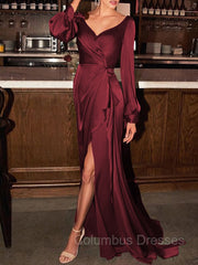 Party Dress Name, Sheath/Column V-neck Sweep Train Silk like Satin Mother of the Bride Dresses With Ruched