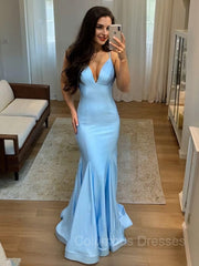 Prom Dress For Sale, Sheath/Column V-neck Sweep Train Silk like Satin Prom Dresses