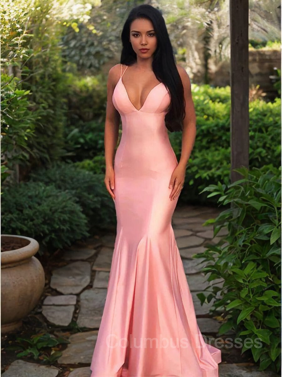 Prom Dress Tight, Sheath/Column V-neck Sweep Train Silk like Satin Prom Dresses